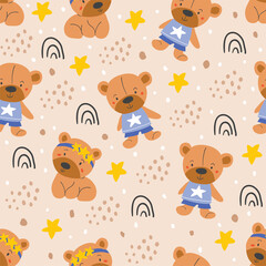 Cute vector seamless pattern with bears, rainbows, polka dot on beige background. Kids doodle illustrations. Cute bear, stickers, stylish bear, boy and girl animals, kids unisex textile design, boys