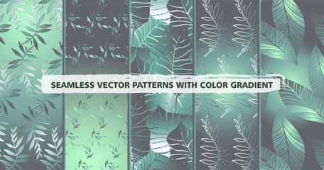 floral vector seamless pattern set - leaves and flowers with color gradient