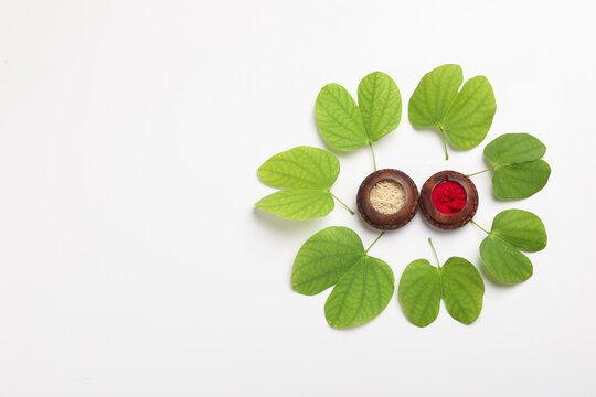Dussehra greeting card using apta / Bauhinia racemosa