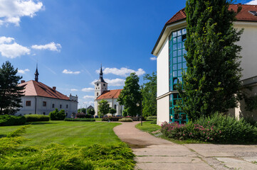 Fototapeta na wymiar Spa Bohdanec area and main building in summer. Lazne Bohdanec, Pardubice, Czechia. 