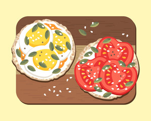 A sandwich. Gluten free rice loaf with vegetables, eggs and seeds. Healthy breakfast. On a wooden board. Flat vector illustration.