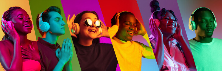 Collage of portraits of six young smiling people enjoying music in headphones isolated over multicolored neon backgrounds.