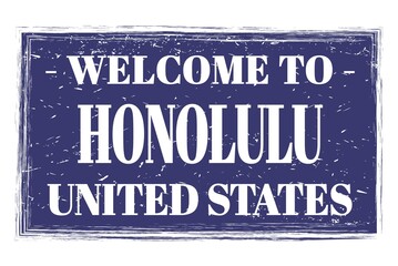 WELCOME TO HONOLULU - UNITED STATES, words written on blue stamp