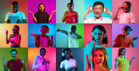 The collage of many ethnically diverse people demonstrating various emotions isolated over...