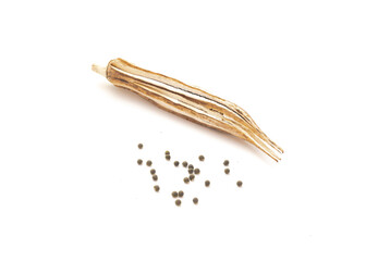 Single organic homegrown dried okra pod with seeds isolated