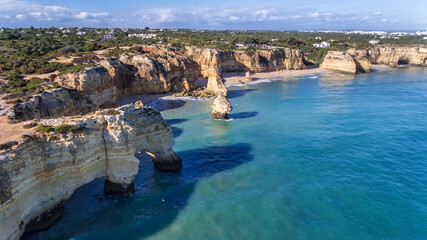 Aerial Beautiful Portuguese Beaches Marinha Albufeira View From Sky 1