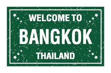 WELCOME TO BANGKOK - THAILAND, words written on green rectangle stamp