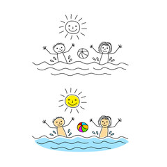 Illustration of kids swimming. Summer day