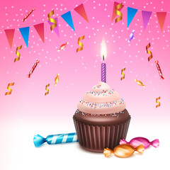 Illustration Birthday Cupcake With Whipped Cream Sprinkles Burning Candle Sweets Confetti And Bunting Flags On Pink Background and Design