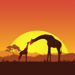 Fototapeta na wymiar Illustration Giraffe Mother Child Safari Sunset Silhouette