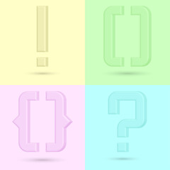 Question mark, curly braces, exclamation point 3d isometric shape, modern t-shirt print pastel soft colors.