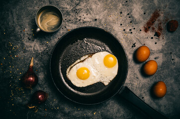 fried eggs in a frying pan