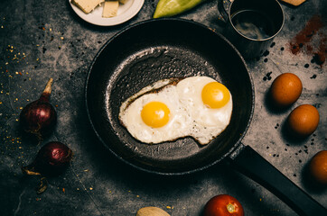 fried eggs in a frying pan