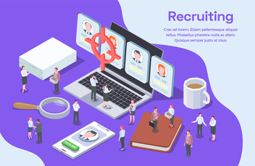 Human Resources Online Recruitment Isometric Composition With Candidates Resume Recruiter Characters