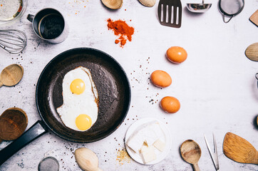 fried eggs on a frying pan. Eggs. Food photo. 