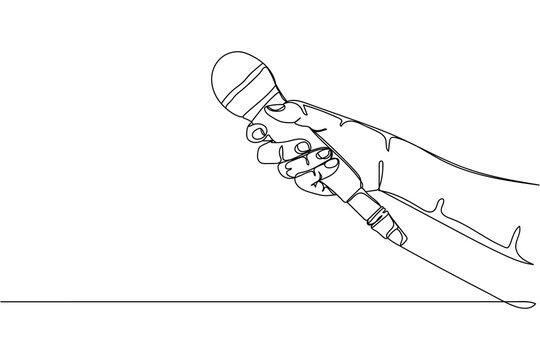 Continuous one line of hand holding a microphone interview conducting a business in silhouette on a white background. Linear stylized.Minimalist.