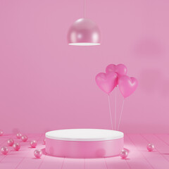 Minimal scene of Empty Geometry podium pink background for display product concept and light lamp with heart balloon copy space or use for presentation cosmetic product, 3D rendering illustration