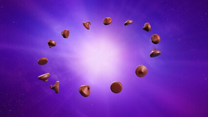3d rendering of chocolate chips flying around like solar system orbit © Hammad Khan/Wirestock