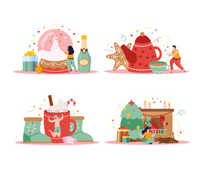 Set Four Isolated Happy Winter Compositions With Gifts Champagne With People