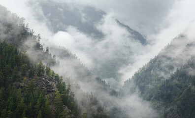 Fog and clouds rises on slopes of mountains. Province of Tusheti, Georgia