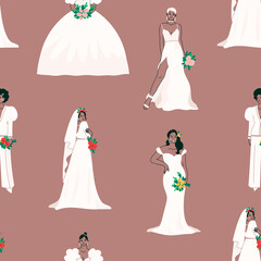 Young attractive Brides with bouquets. Full length view of elegant ladies posing with wedding flowers. Modern bridal look. Women standing in wedding dresses. Hand drawn trendy Vector seamless Pattern