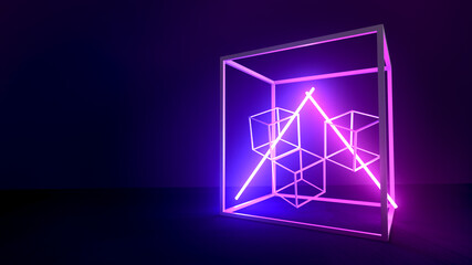 Fototapeta premium Abstract group of four cube frame decorate with blue and violet neon light in dark background , 3d rendering 