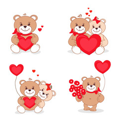 Happy and in love Teddy bear with red hearts. Happy valentines day. Vector greeting card template set.