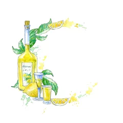 Fotobehang Bottle of limoncello,lemon and glasses.Picture of a alcoholic drink.Watercolor hand drawn illustration.   © jula_lily