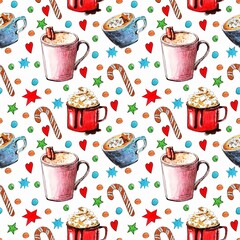 Seamless pattern Christmas cups. Cut design for fabric and wrapping paper. Watercolor hand drawing illustration