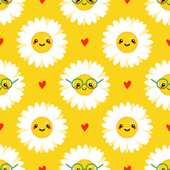 Cute camomile, daisy flowers characters and red hearts vector seamless pattern background for nature design.