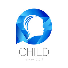 Obraz premium Child logotype in blue circle vector. Silhouette profile human head. Concept logo for people, children, autism, kids, therapy, clinic, education. Template symbol, modern design isolated on white