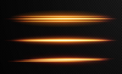 Gold horizontal lens flares pack. Laser beams, horizontal light rays. Beautiful light flares. Glowing streaks on light background. Light line effect gold png.	