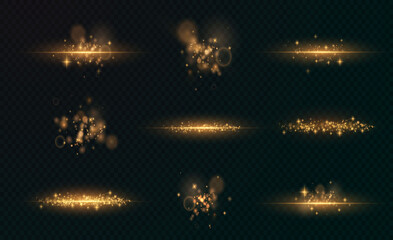 Gold sparkling dust with gold sparkling stars on a transparent background. Glittering texture. Christmas effect for luxury greeting rich card.	
