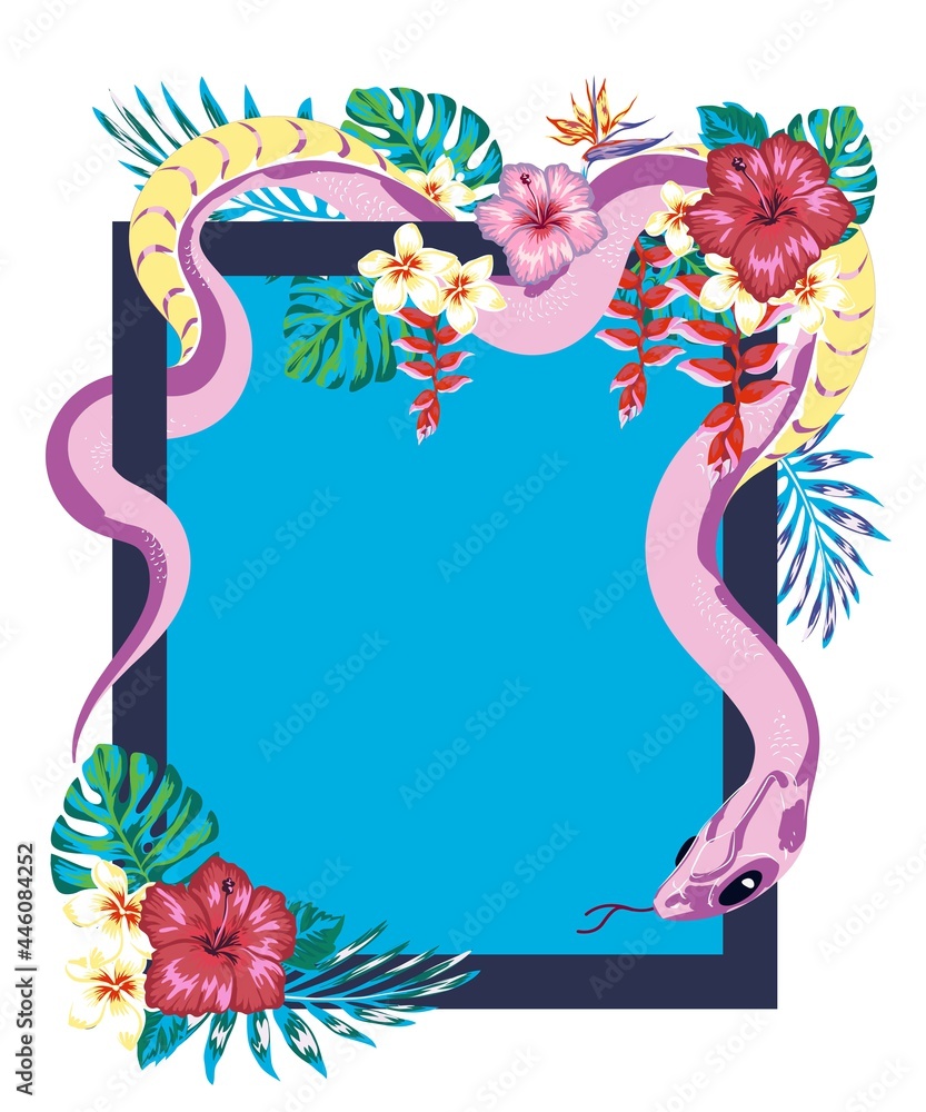 Poster boho frame design with snake and tropis flowers in the jungle, tattoo sketch, t-shirt print, sticker