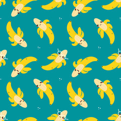 Cute cartoon style half peeled banana fruit characters and dots vector seamless pattern background for food design.