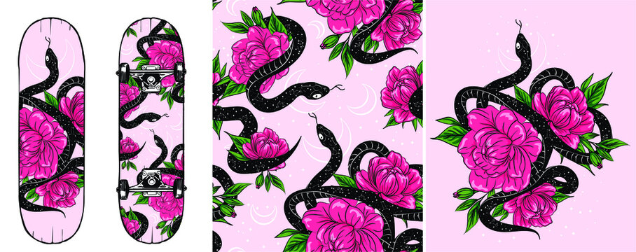 Snake with rose flower set of retro western boho illustrations, shirt fashion print vector image isolated on white background, print on skate