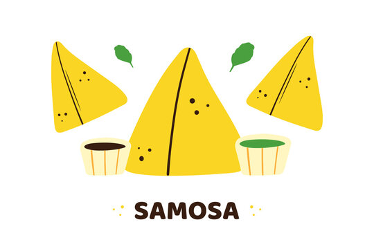 Cute cartoon style samosa, indian baked savory pastry with sauces and greenery vector illustration.
