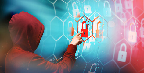 Person in a hoodie is hacking computer networks security.