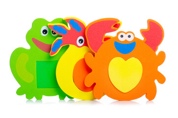 Baby bath toys on white background isolation