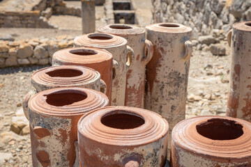 Real ancient water filtration pipes in ancient Greek-Roman city Empuries, Catalonia, Spain