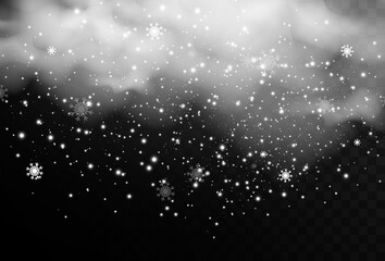 Vector illustration of flying snow on a transparent background.Natural phenomenon of snowfall or blizzard.	

