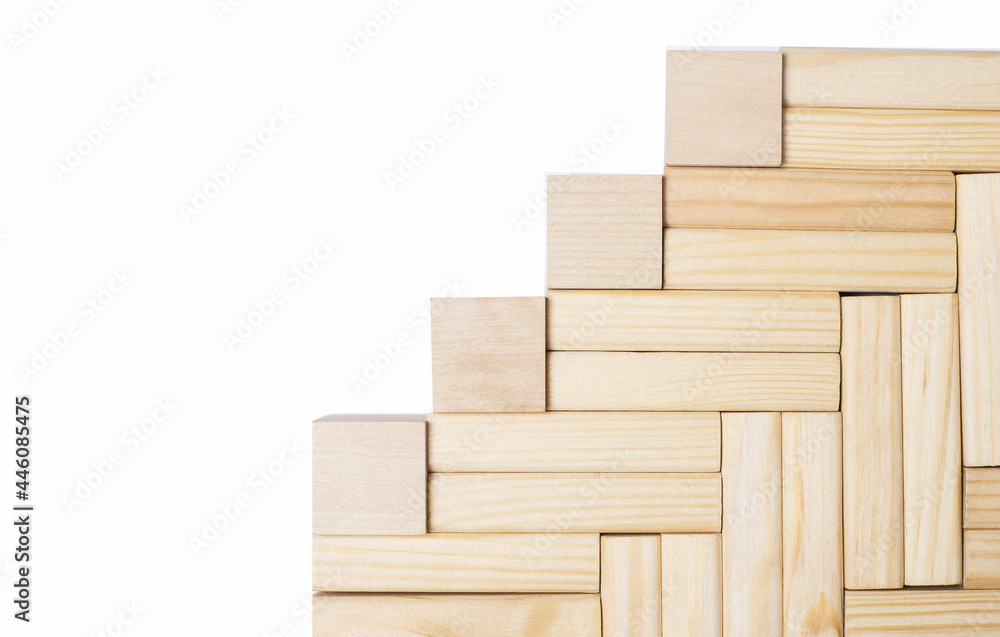 Poster on a light background, a ladder made of wooden blocks and empty cubes with a place to insert text. t