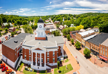 Aerial view of Tennessee's oldest town, Jonesborough and its courthouse. Jonesborough was founded...