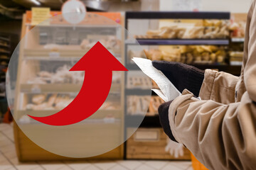 Male customer holding long shopping bill while buying food in the supermarket, arrow infographics...