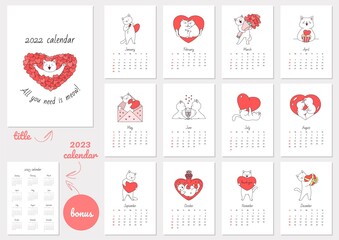 All You Need Is Meow! Calendar 2022 template. Monthly calendar 2022 with cute white cats in love. Bonus - 2023 calendar. Vector illustration 10 EPS.