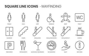 Way-finding related, square line vector icon set.