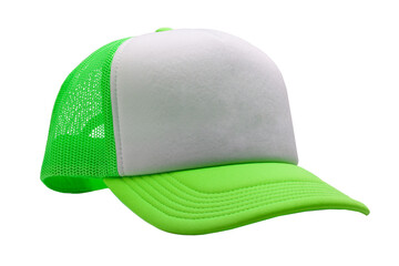 Neon green Trucker cap isolated on white background. Basic baseball cap. Mock-up for branding.