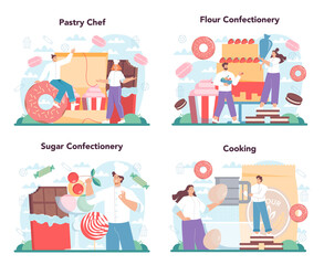 Confectioner concept set. Professional pastry chef. Sweet baker cooking pie