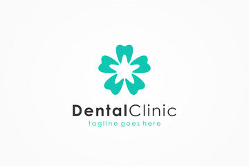 Dental Clinic Logo. Blue Teeth with Star and Flower Combination isolated on White Background. Usable for Dental Care Logo. Flat Vector Logo Design Template Element.