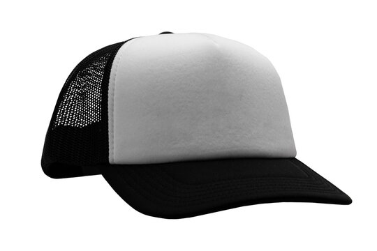 Black Trucker cap isolated on white background. Basic baseball cap. Mock-up for branding.